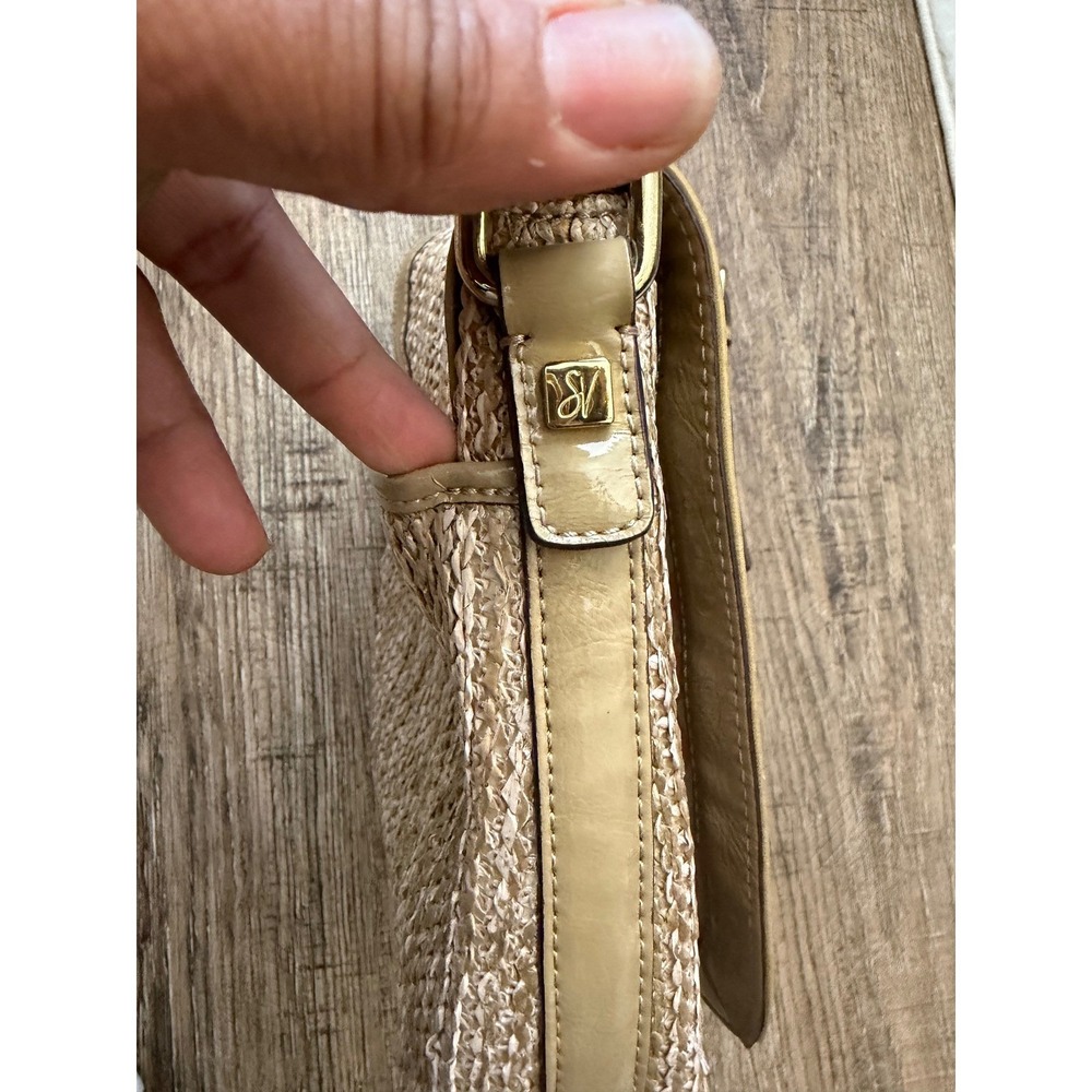 Sarah Violet Straw Woven Crossbody Bag Tan Patent Trim Small Summer Purse‎ - Picture 13 of 16